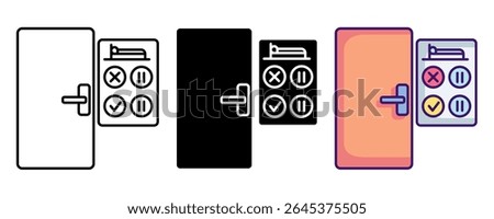 Bed availability icon represented by door, bed, correct sign, false sign, pause sign Line, Filled, Color style.