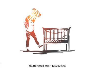 Bed, baby, mother, home, holding concept. Hand drawn mom with baby near bed concept sketch. Isolated vector illustration.