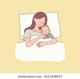 In bed, the baby and mother are sleeping together. Illustration vector with minimal design.