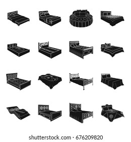A bed with a back, round, curved and other kinds of the goods. Beds set collection icons in black style vector symbol stock illustration web.