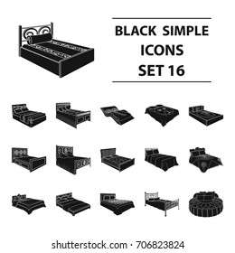 A bed with a back, round, curved and other kinds of the goods. Beds set collection icons in black style vector symbol stock illustration web.