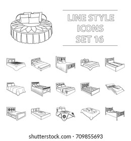 A bed with a back, round, curved and other kinds of the goods. Beds set collection icons in outline style vector symbol stock illustration web.