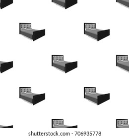 A bed with backs, pillows and a coverlet. Beds single icon in monochrome style vector symbol stock illustration web.
