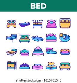 Bed Bedroom Furniture Collection Icons Set Vector Thin Line. Stylish Modern With Lamp, Vintage, In Heart Form And Bunk Bed Concept Linear Pictograms. Color Contour Illustrations