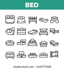 Bed Bedroom Furniture Collection Icons Set Vector Thin Line. Stylish Modern With Lamp, Vintage, In Heart Form And Bunk Bed Concept Linear Pictograms. Monochrome Contour Illustrations