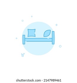 Bed, bedroom vector icon. Flat illustration. Filled line style. Blue monochrome design. Editable stroke. Adjust line weight.