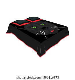 A bed with a black coverlet.Bed with a black cat on the blanket.Bed single icon in cartoon style vector symbol stock illustration.