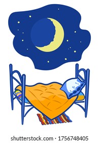 Cama con manta y almohada. En el fondo de un nuevo cielo con la luna y las estrellas.