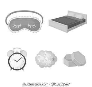 A bed, a blindfold, counting rams, an alarm clock. Rest and sleep set collection icons in monochrome style vector symbol stock illustration web.