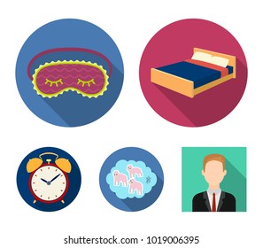 A bed, a blindfold, counting rams, an alarm clock. Rest and sleep set collection icons in flat style vector symbol stock illustration web.