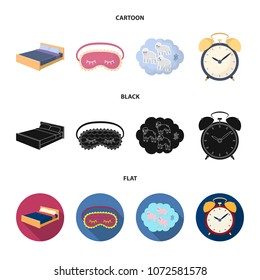 A bed, a blindfold, counting rams, an alarm clock. Rest and sleep set collection icons in cartoon,black,flat style vector symbol stock illustration web.