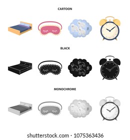 A bed, a blindfold, counting rams, an alarm clock. Rest and sleep set collection icons in cartoon,black,monochrome style vector symbol stock illustration web.