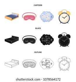 A bed, a blindfold, counting rams, an alarm clock. Rest and sleep set collection icons in cartoon,black,outline style vector symbol stock illustration web.