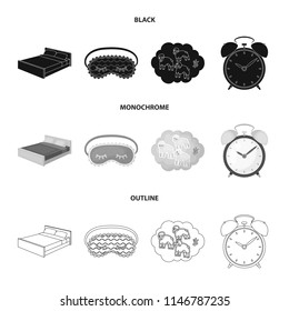 A bed, a blindfold, counting rams, an alarm clock. Rest and sleep set collection icons in black,monochrome,outline style vector symbol stock illustration web.