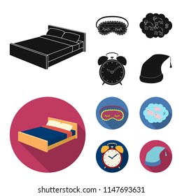 A bed, a blindfold, counting rams, an alarm clock. Rest and sleep set collection icons in black, flat style vector symbol stock illustration web.