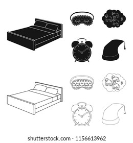 A bed, a blindfold, counting rams, an alarm clock. Rest and sleep set collection icons in black,outline style vector symbol stock illustration web.