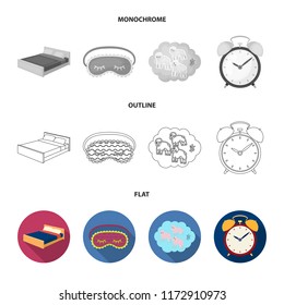 A bed, a blindfold, counting rams, an alarm clock. Rest and sleep set collection icons in flat,outline,monochrome style vector symbol stock illustration web.