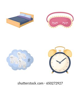 A bed, a blindfold, counting rams, an alarm clock. Rest and sleep set collection icons in cartoon style vector symbol stock illustration web.