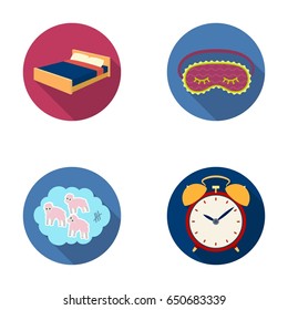 A bed, a blindfold, counting rams, an alarm clock. Rest and sleep set collection icons in flat style vector symbol stock illustration web.