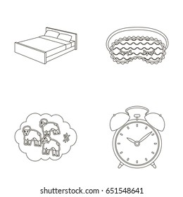 A bed, a blindfold, counting rams, an alarm clock. Rest and sleep set collection icons in outline style vector symbol stock illustration web.