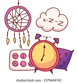 A bed, a blindfold, pills, insomnia, dream catcher, pillow an alarm clock. Rest and sleep set collection icons in cartoon style. Vector illustration.