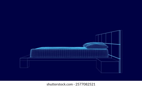 Bed with a blue comforter and a pillow. The bed is shown in a blue color