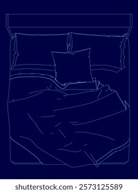 Bed with a blue comforter and pillows. The bed is shown in a blue drawing