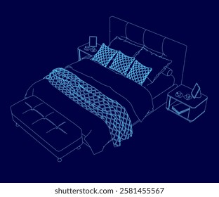 A bed with a blue comforter and pillows. The bed is surrounded by nightstands