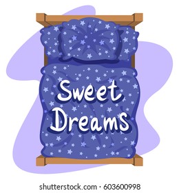 Bed with blue linen, top view. Blue bedclothes with stars, blanket and pillow. Vector illustration