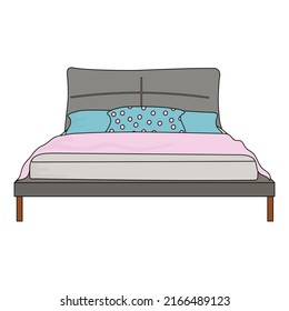 Una cama con una almohada azul, una manta y una sábana sobre un fondo blanco. cama doble vectorial.