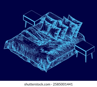 A bed with blue sheets and pillows is shown in a blue color scheme. The bed is surrounded by two nightstands, one on each side. The bed is the main focus of the image. Isometric view