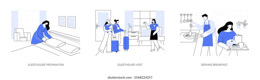 Bed and Breakfast business isolated cartoon vector illustrations set. Guesthouse owner preparing a room for tourists, host welcoming a guests, serving breakfast to travelers vector cartoon.