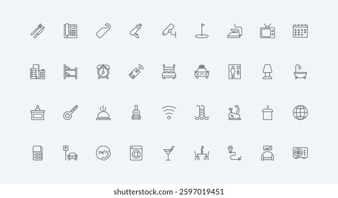 Bed and breakfast, restaurant food and key of apartment thin black outline symbols vector illustration. Hotel hospitality, accommodation and room service, reception and hostel line icon set