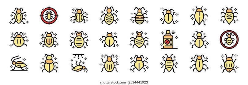 Iconos de chinches que muestran varios tipos de chinches y métodos de exterminación y control
