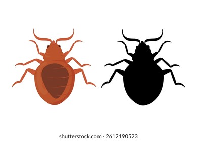 Bed bug and its silhouette are depicted, showcasing anatomical features like segmented body, six legs, and antennae, useful for educational or pest control materials