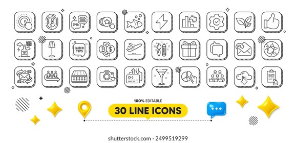 Bed bugs, Clipboard and Photo camera line icons pack. 3d design elements. Energy, Leaves, Execute web icon. Floor lamp, E-mail, Plane pictogram. Food delivery, Fish, Receive mail. Vector