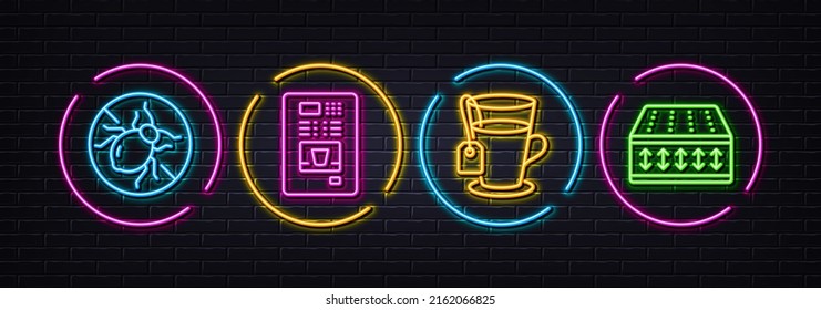 Bed bugs, Coffee vending and Tea minimal line icons. Neon laser 3d lights. Flexible mattress icons. For web, application, printing. Hypoallergenic, Coffee vending machine, Glass mug. Vector