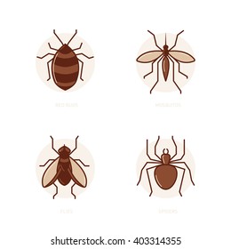 Bed bugs, mosquitoes, flies, spiders simple vector illustration.