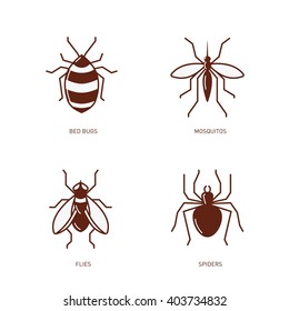 Bed bugs, mosquitoes, flies, spiders simple vector illustration. Black white version.