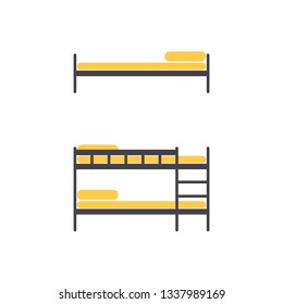 bed and bunk bed icons isolated on white background for hostel's or college dorm's interiors. flat style design