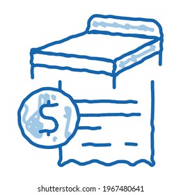 vector de icono de boceto de compra de cama. Cartel de compra de cama de arte de la línea de doodle azul dibujado a mano. ilustración de símbolo aislado
