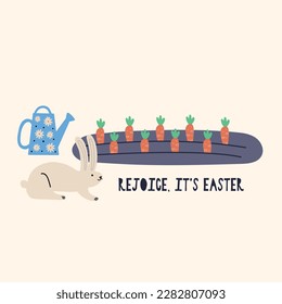 Bed of carrots with a watering can and an Easter bunny. Cartoon Rabbit character. Happy Easter holiday concept for egg hunt design, print, social media, poster, postcard. Modern Flat Style