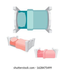 Bed. Cartoon style white bed vector illustrations set. Bed views in different sides. 