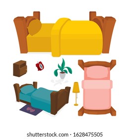 Bed. Cartoon style wooden bed vector illustrations set. Bed views in different sides. 