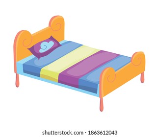 Bed cartoon. Vector illustration of color bed with pillow and cover. Icon of furniture