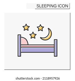 Bed color icon. Comfortable bed for sleep. Night time. Pillow and blanket. Sleeping concept. Isolated vector illustration