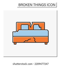 Bed Color Icon. Destroyed Furniture In Bedroom. Smashed Bed. Vandalism, Chaos. Broken Things Concept. Isolated Vector Illustration