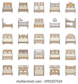 Bed colored icons collection. Vector Single and Double Beds modern symbols set
