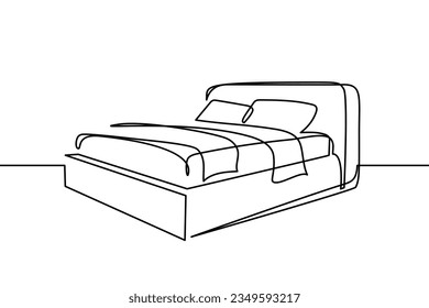 Bed in continuous line art drawing style. Double-size bed with bedding. Home furniture black linear design isolated on white background. Vector illustration