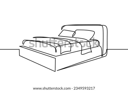 Bed in continuous line art drawing style. Double-size bed with bedding. Home furniture black linear design isolated on white background. Vector illustration